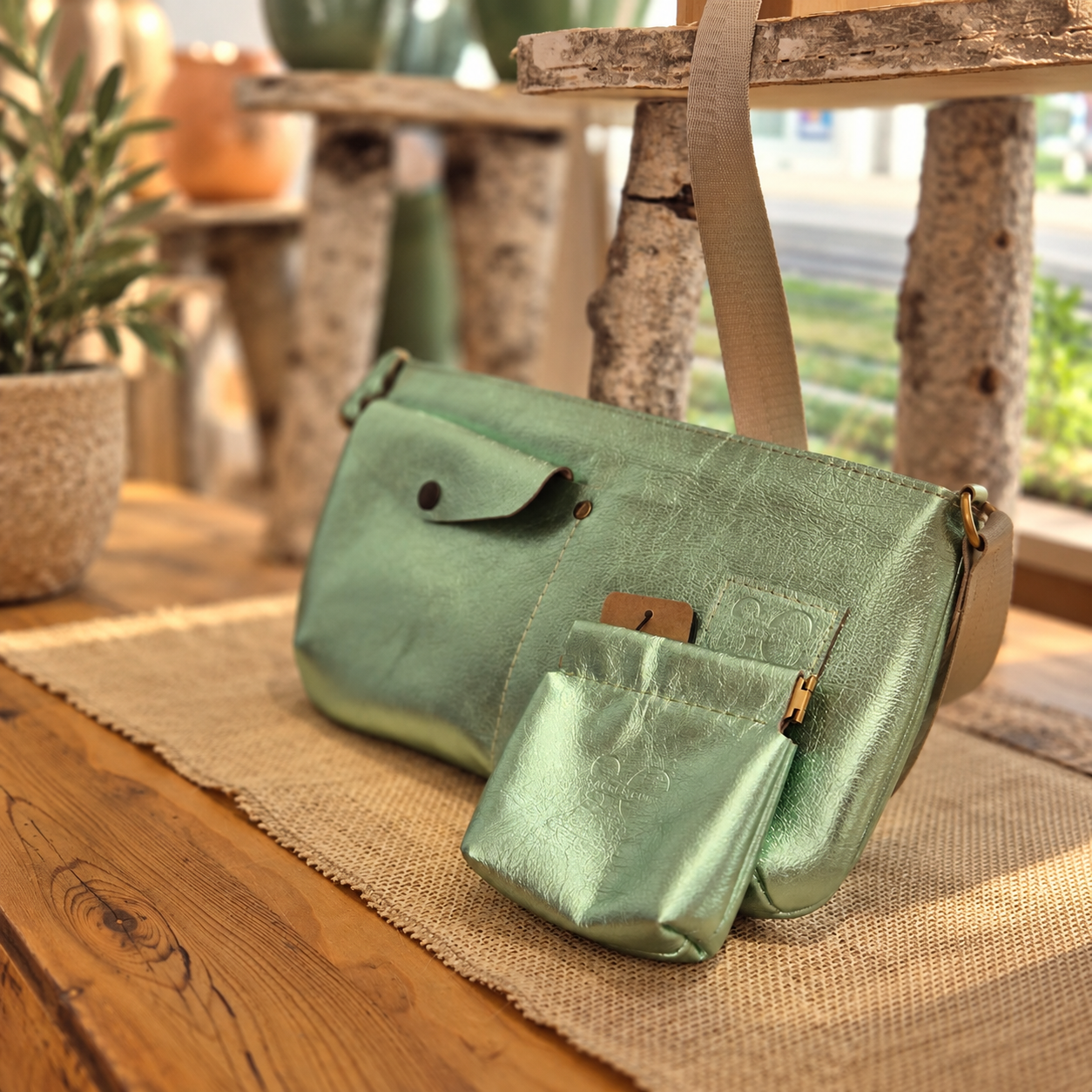 sac a mains cuir véritable argenté vert 